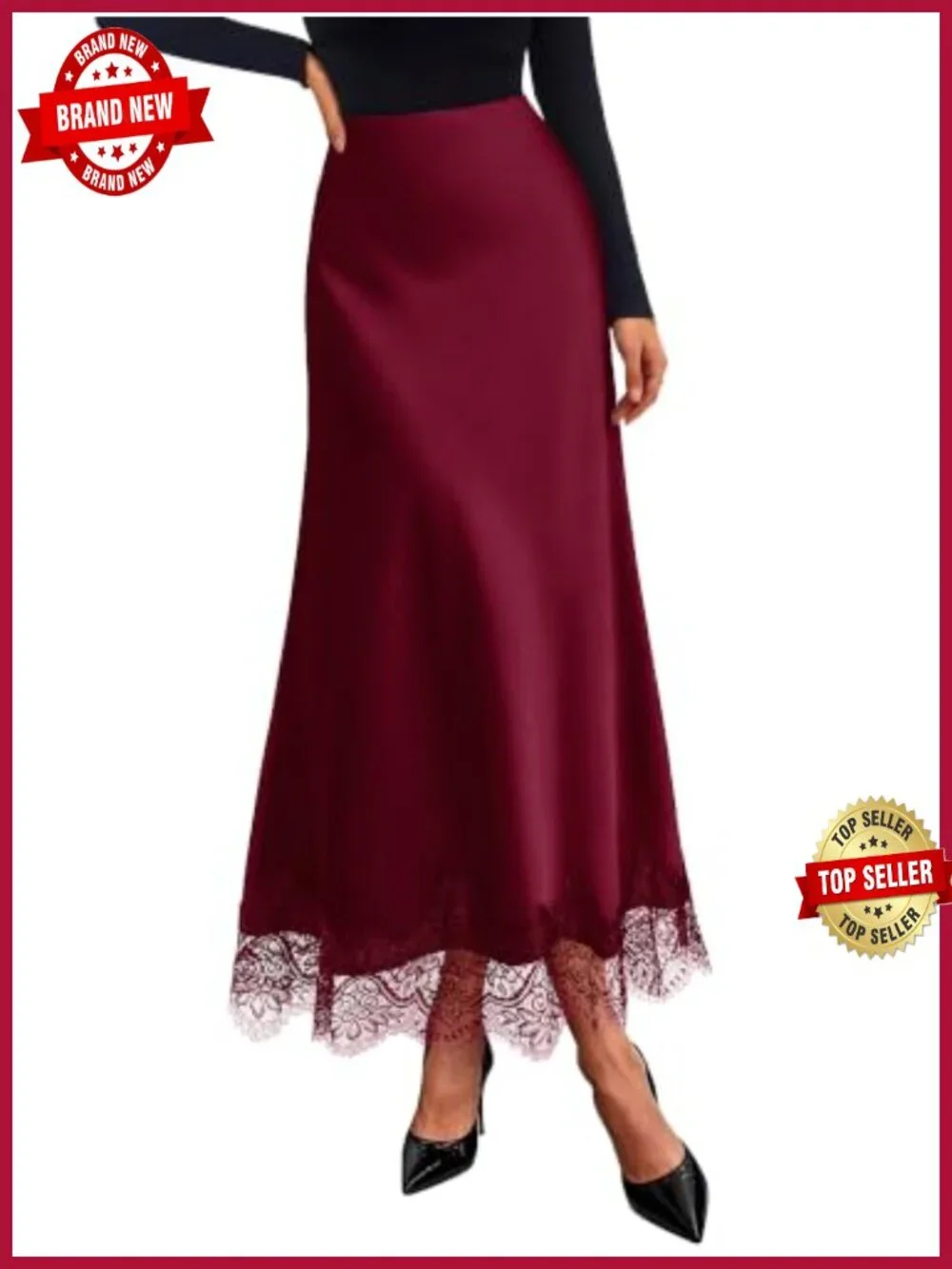 Satin Lace Trim High Waist A-Line Flowy Maxi Skirt